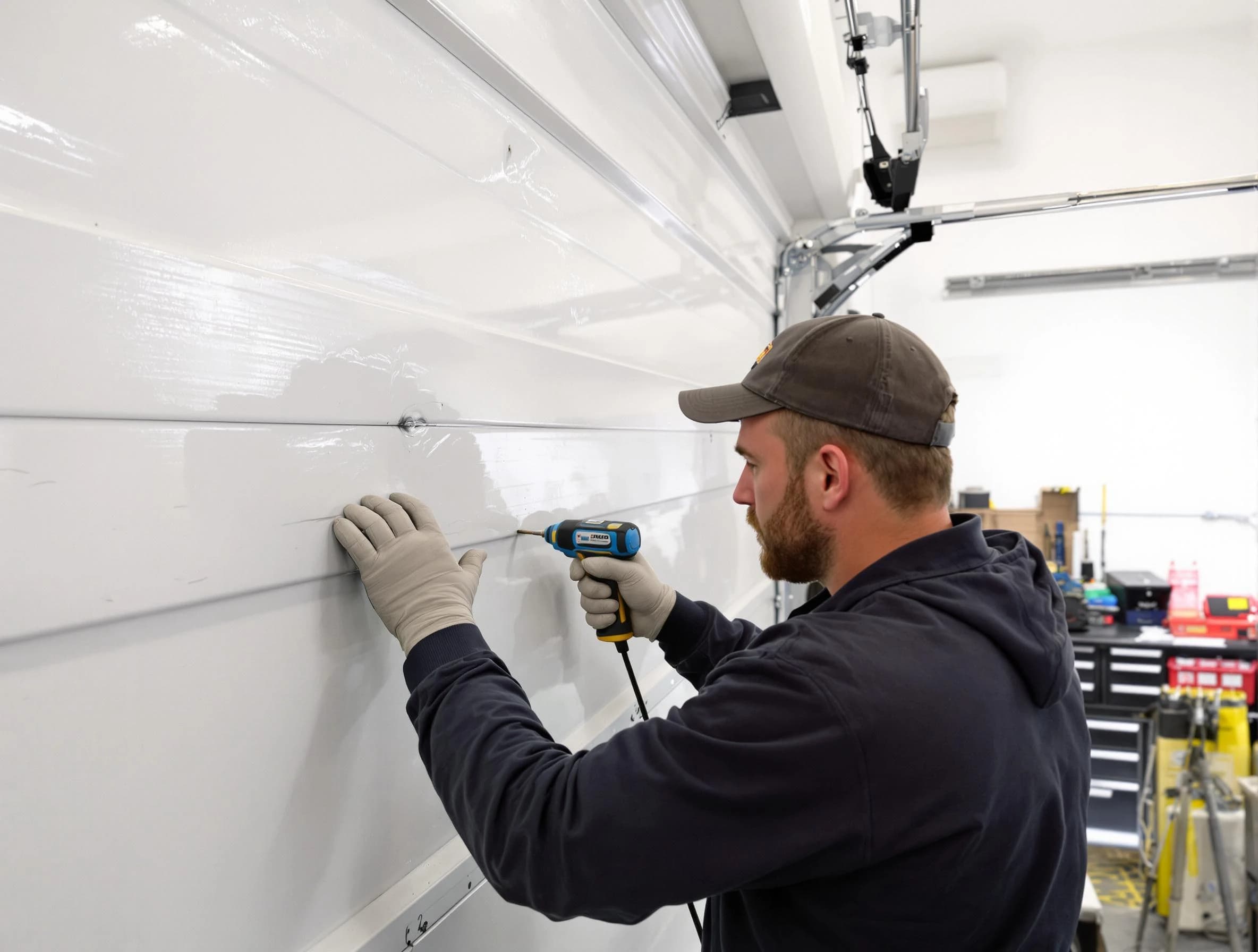Bethel Acres Garage Door Repair technician demonstrating precision dent removal techniques on a Bethel Acres garage door